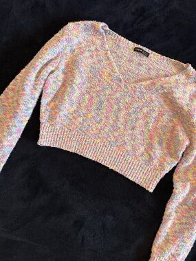 Pastel Multicolor V-Neck Cropped Knit Sweater - SHEIN